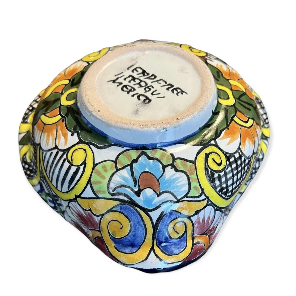 Mexican Talavera Pottery Hand Painted Condiment Bowl & Spoon - Serving Dish Set